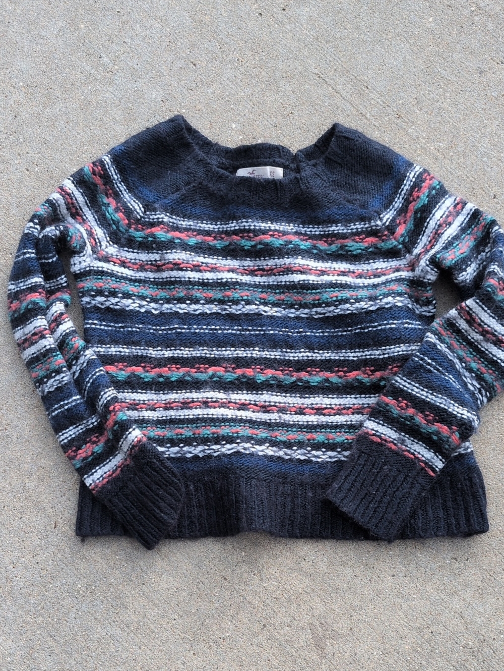 Hollister Navy Crewneck Sweater with Multicolor Stripes Kids Xsmall